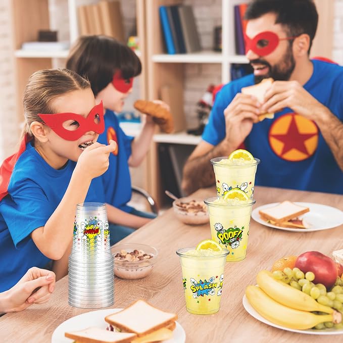 FoldTier 50 Pcs Hero Cups 12 oz Plastic Hero Birthday Cups Clear Theme Disposable Glasses Super Theme Beverage Glasses for Home Kitchen Birthday Party Favors Supplies Decoration