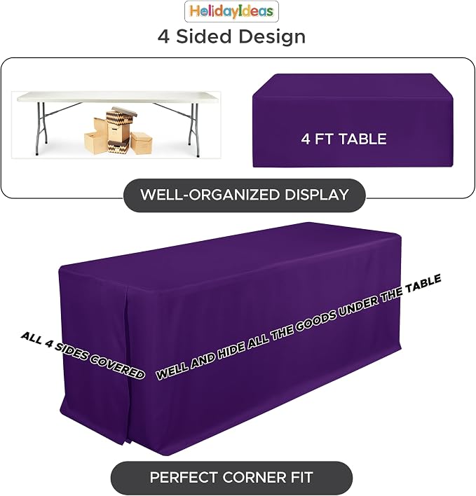 HolidayIdeas 4-Pack 8ft Purple Rectangle Craft Shows Fitted Tablecloth | Wrinkle resistant table covers; bulk quantity pack for professional trade exhibition displays or vendor booths