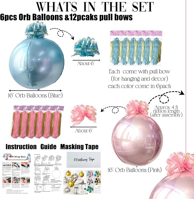 6 Pack Pink and Blue 4D Orb Balloons - 22 Inch Large Metallic Sphere Mylar Balloons with Pull Bows, Hanging Ceiling Decorations for Gender Reveal, Baby Shower & Baby Birthday Party
