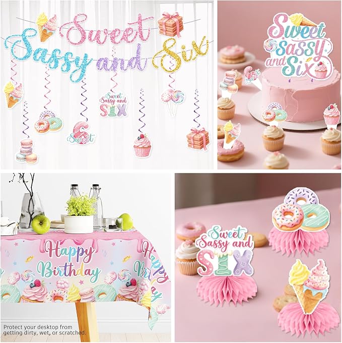 180pcs Sweet Sassy and Six Birthday Decorations with Tableware Set, Banner, Hanging, Tablecloth, Cake Topper, Centerpieces, Balloon, for 6 Year Old Girl Birthday Decorations, Serves 25