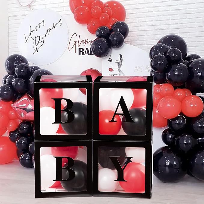 Voircoloria Baby Boxes with Letters for Baby Shower Decorations with 4 Balloon Boxes for Gender Reveal Halloween Decorations(Black)