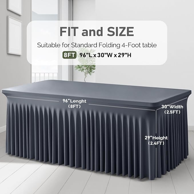 1 Pack Grey Table Clothes for 8 Foot Rectangle Tables, One-Piece Wrinkle Resistant Stretch Spandex Table Covers with Skirt for Event Banquet Wedding Birthday Party