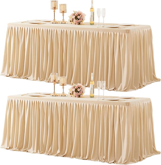 2 Packs Dark Champagne Tableclothes for 8 Foot Rectangle Tables, Wrinkle Free Fitted Table Cloth 8ft Stretch Table Cover with Skirt for Parties Weddings Birthday Banquet Baby Shower