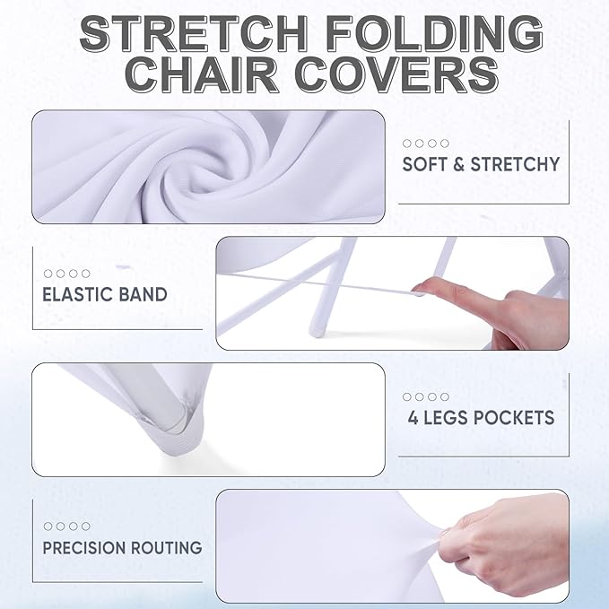 Lounsweer 50 Pcs Folding Chair Cover Set with 25 Stretch Spandex Slipcovers 25 Satin Chair Sashes Bows Ribbon Washable Banquet Protector for Wedding Event Party(White, Silver)
