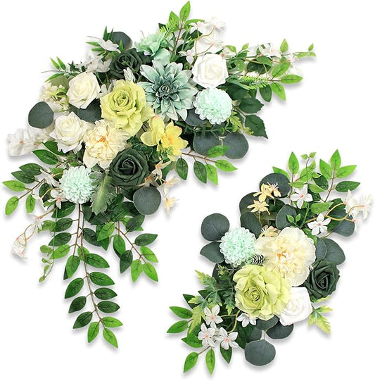 Odouzy Pack of 2 Wedding Arch Decorations Artificial Hanging Flowers Floral Swag for Wedding Welcome Sign Backdrop Balloon Arch Home Party Bridal Ceremony Reusable(White Green)