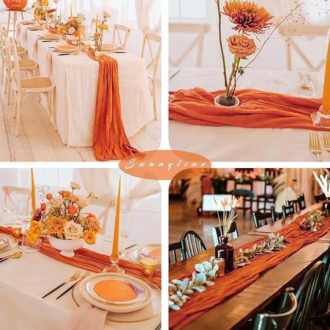 10FT Orange Cheesecloth Table Runner Boho Gauze Fabric Runner for Tables Rustic Sheer Runner for Wedding Bridal Shower Birthday Holiday Party Cake Table Arbor Decor (35 x 120 Inches Long)