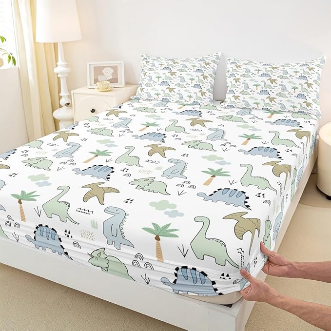 Kids Dinosaur Fitted Sheet Set Full Size 4 Pcs,Watercolor Cloud Jungle Trees Teens Sheets,Cute Cartoon Dino Animal Bedding Sets (1 Fitted,1 Flat,2 Pillowcases) Luxury Deep Pocket Bed Sheets