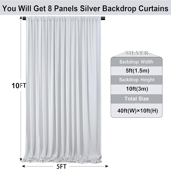 40ft×10ft Sliver Grey Wrinkle Free Backdrop Curtains for Parties, 8 Panels 5×10ft Thick&Silky Polyester Sliver Photo Backdrop Drapes Curtains for Birthday Party Baby Shower Wedding Photography