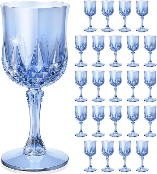 Plastic Wine Glasses, Disposable Plastic Goblets 7.1oz for Wedding Party Holiday, Unbreakable Wine Cups with Stem Vintage for Champagne, Juice, Cocktail (24pcs Blue)