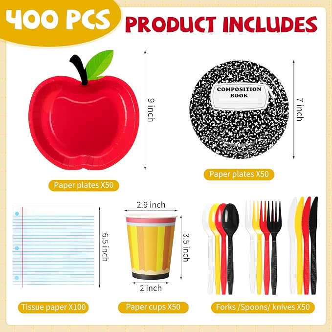 400 Pcs Back to School Party Decoration for 50, Apple Composition Notebook Paper Plates Napkins Pencil Cup Cutlery for Preschool Kindergarten Teacher Graduation Party Supply