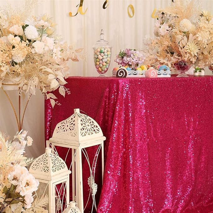 Eternal Beauty Hot Pink Tablecloth, 60x120 Inch Sequin Rectangle Table Cover for Mother's Day Cake Dessert Exhibition Party Birthday Events