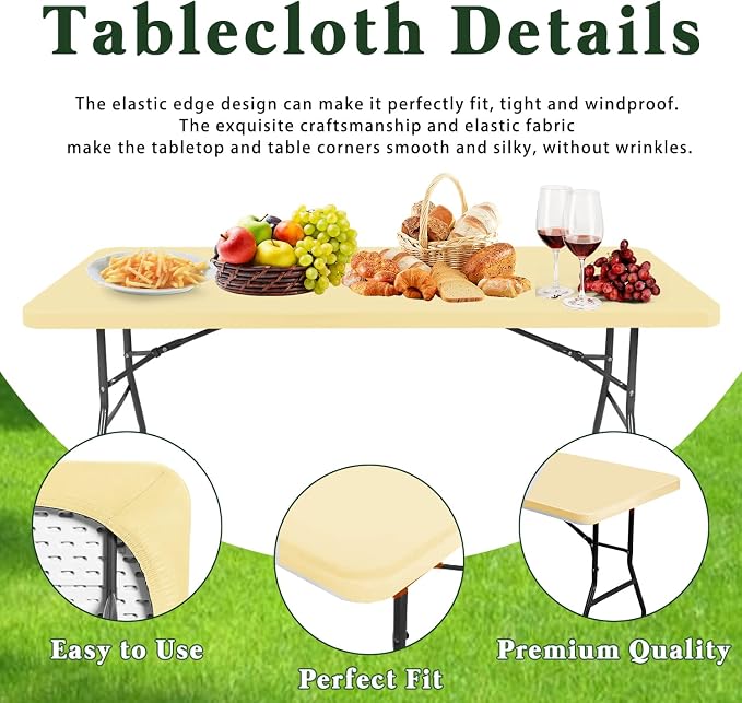 6 Foot Picnic Table Cover Fitted 10 Pack Elastic Outdoor Tablecloths for Rectangle Table Waterproof Stretch Washable Patio Folding Spandex Tablecloth for Camping Banquet Parties (Champagne,30" x 72")