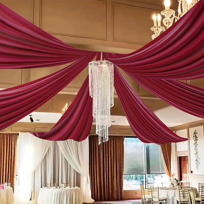DUOBAO Burgundy 5x20ft Chiffon Ceiling Drapes 6pc Elegant Sheer Wedding Backdrop Curtains Ideal for Tent, Banquet Hall, and Photography