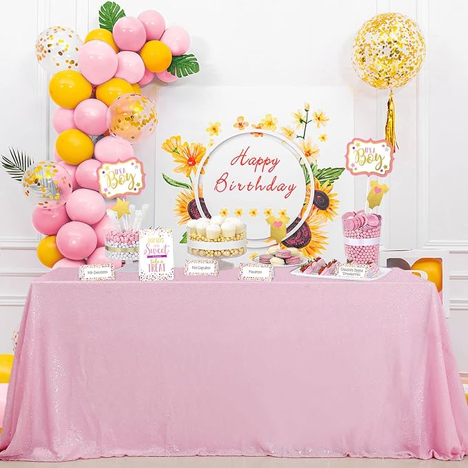 QueenDream Sequin Tablecloth Pink Party Table Cloth 90x156 Inch Rectangle Glitter Tablecloth for Wedding Birthday Bridal Baby Shower Decor