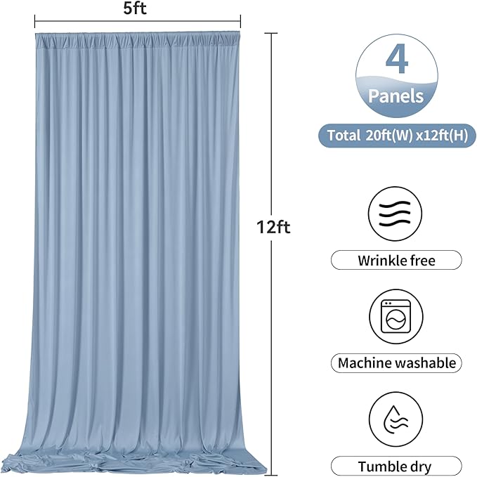 20ftx12ft Dusty Blue Backdrop Curtains for Parties, Wrinkle Free Polyester Photo Backdrop Drapes 4 Panels 12 ft Long Back Drop Cloth Drapery for Wedding Birthday Photography Background Party