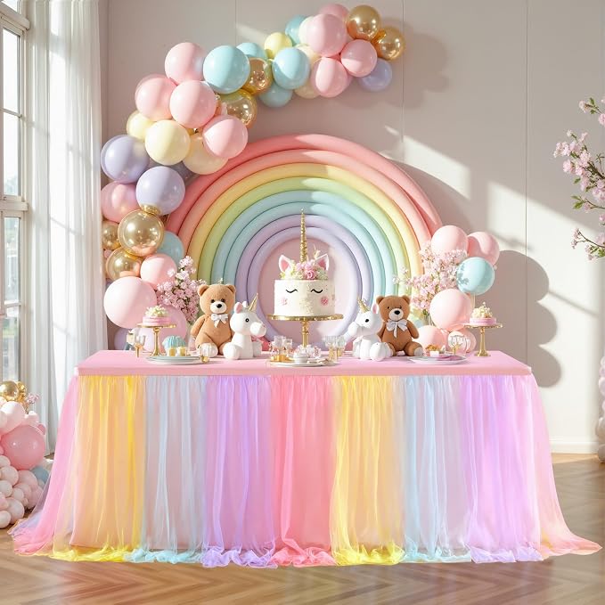 HB HBB MAGIC Rainbow Table Cloth Spandex Table Covers 8ft Fitted Tulle Tablecloth Rectangular Desk Skirt Stretch Table Cloths Covers Party Banquet Birthday Baby Shower Wedding Table Cloth, 2 Pack