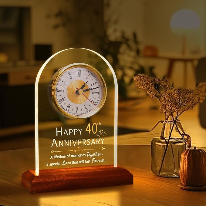 OkiyiD 40th Wedding, Light Up Anniversary Clock with LED Wooden Base for Couples Parents Bedroom Decor, Happy 40th for Husband Wife