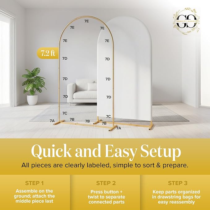 7.2FT Gold Wedding Backdrop Arch Stand with White Spandex Cover – Metal Frame, Water Weights & Storage Bag – Party, Birthday, Baby Shower, Bridal Shower, Wedding Ceremony, Photo Booth Decor