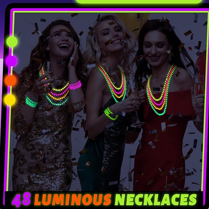 Ecally 48 Pieces Neon Beads Necklaces 33" Glow in The Dark UV Neon Bead Necklaces Glow Party Supplies 80s UV Black Light Accessories Bulk for Birthday Decorations Wedding Mardi Gras Party