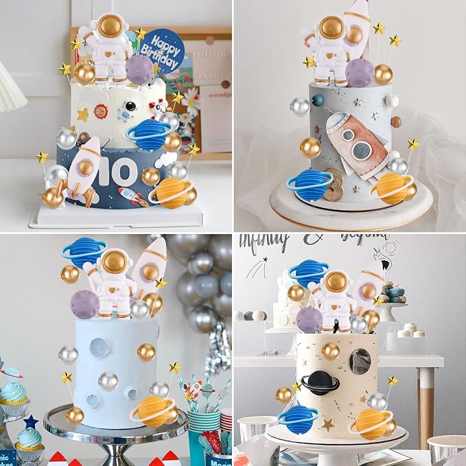Space Theme Cake Topper 20Pcs Outer Space Cake Decoration Astronaut Figurine Rocket Balls and Stars Spaceman Figures for Two The Moon First Trip Around the Sun Birthday Baby Shower