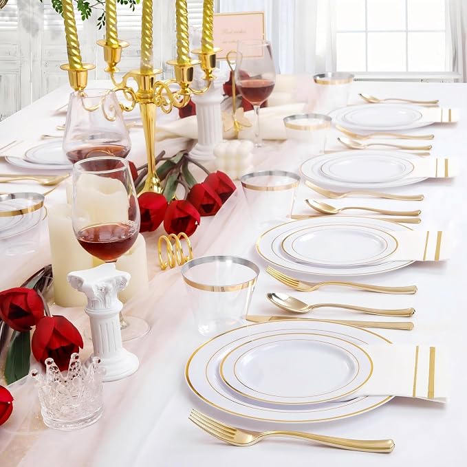 GATHER 350PCS Gold Plastic Plates - White and Gold Disposable Plastic Dinnerware Set Include 50 Dinner Plates, 50 Dessert Plate, 150 Silverware, 50 Napkins, 50 Cups for Party & Wedding