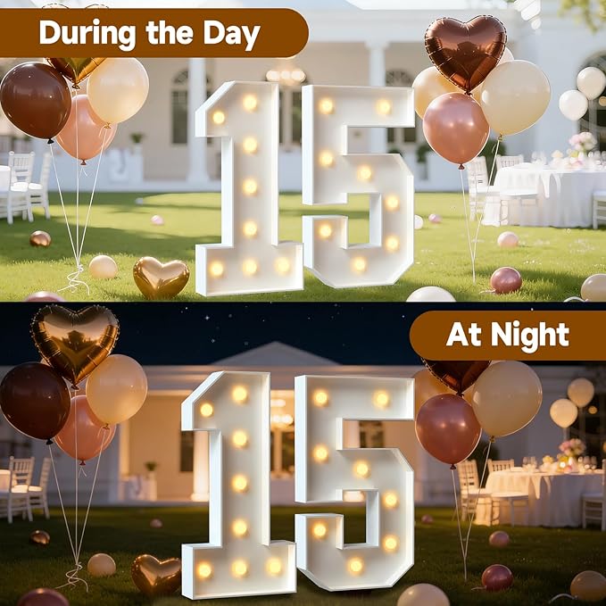 3FT Marquee Numbers 15, Large Light Up Numbers for 15th Birthday Decorations, Happy 15th Birthday Party Supplies, Anniversary Cardboard Big Mosaic Balloon Frame Number 15