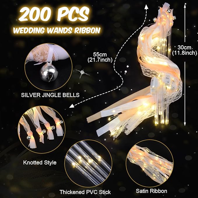 HONLYNE 200 PCS Wedding Wands with Lights,Fairy Wands, LED Silk Fairy Wand with Bells for Wedding Send Off, New Year, Raves, Concert, Birthday