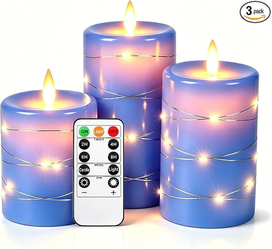 Da by 3 Pack Blue Real Wax Flameless Taper Candles, Lifelike Flickering LED Flame Candles with Surrounding Fairy String Lights, Soft Warm Battery Candles with Remote for Home Wedding Holiday Decor