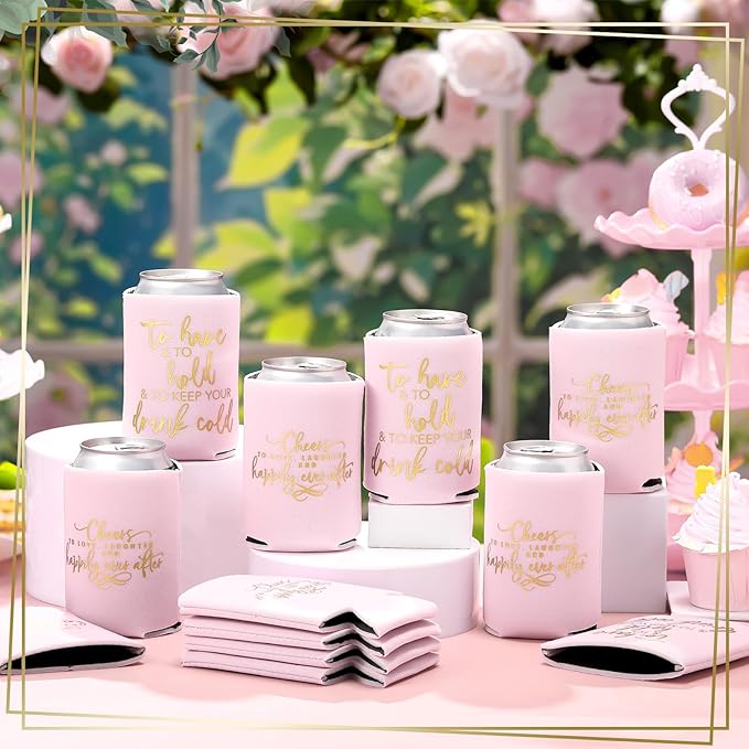 Qinyoung 50 Pieces Pink Rose Wedding Can Cooler Bulk Engagement Party Favors for Guests Cheers to Love Laughter and Happily Ever After Rehearsal Dinner Decorations for Wedding Bridal Party