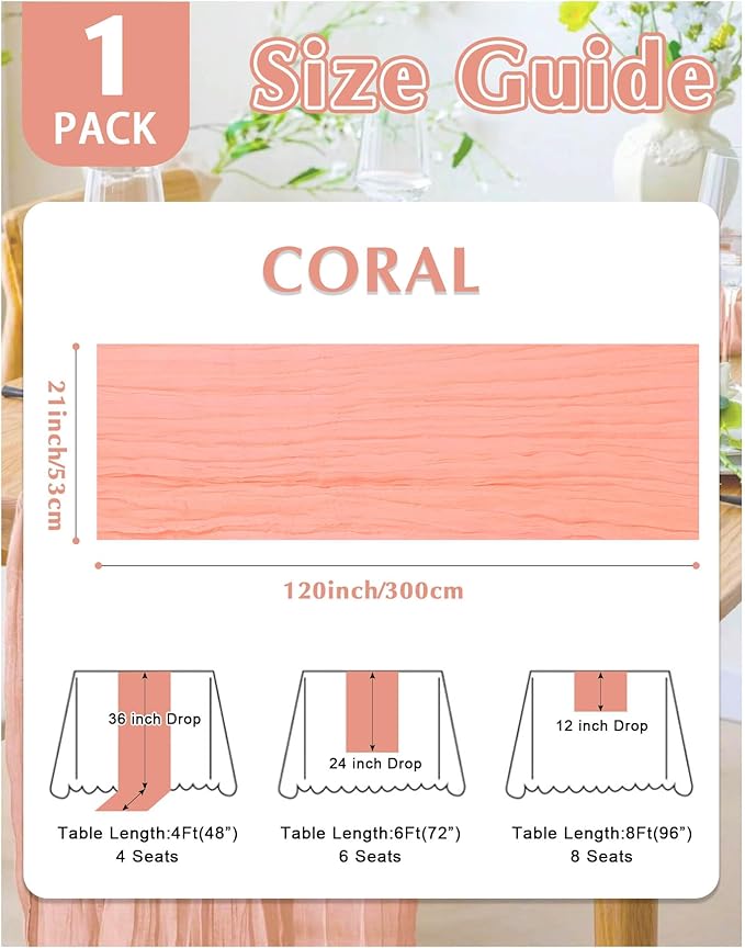 Coral Cheesecloth Table Runner 21x120 Inch Gauze Table Runners Reusable Polyester 10ft Boho Rustic Cheese Cloth Table Runner for Wedding Party Baby Shower Birthday