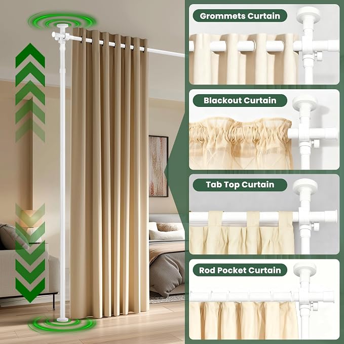 Jilron Tension Curtain Rods No Drill Adjustable Room Divider, Tension Rod for Room Separator and Partition Room Dividers, Easy Installation for Bedroom & Apartment(White - W35-100 × H43-120 in)