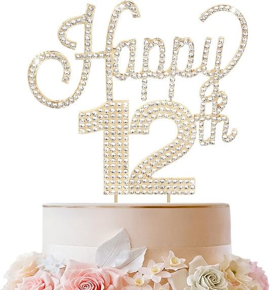 LINGTEER Happy 12th Birthday Gold Rhinestone Cake Topper Cheers to 12th Birthday Twelve Years Old Party Cake Centerpieces Topper Decorations Gift Sign.