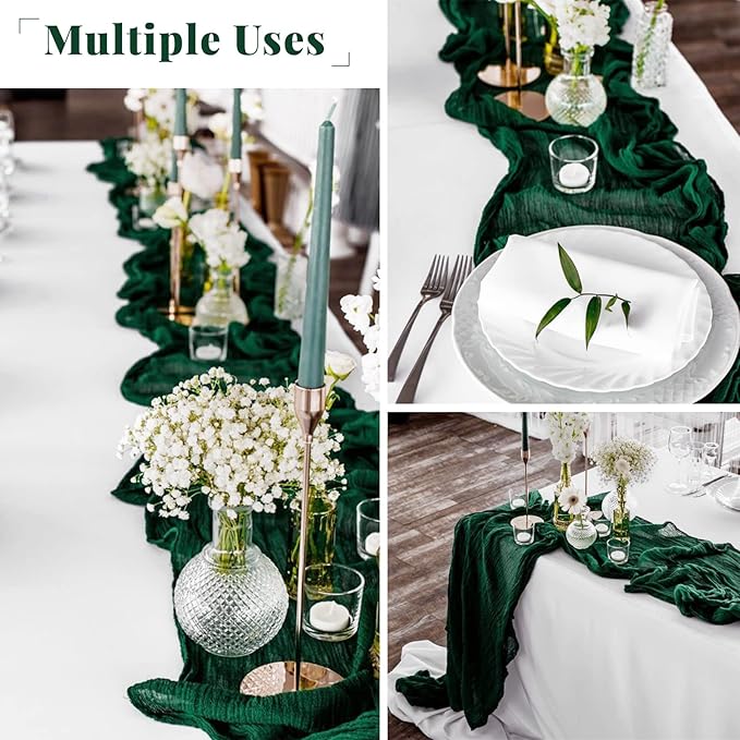 6 Pack Christmas Table Runner 10FT Dark Green Cheesecloth Table Runner Long Semi-Sheer Gauze Fabric Boho or Rustic Wedding Table Decor for Wedding Arch Draping Bridal Shower Baby Shower Holiday Party