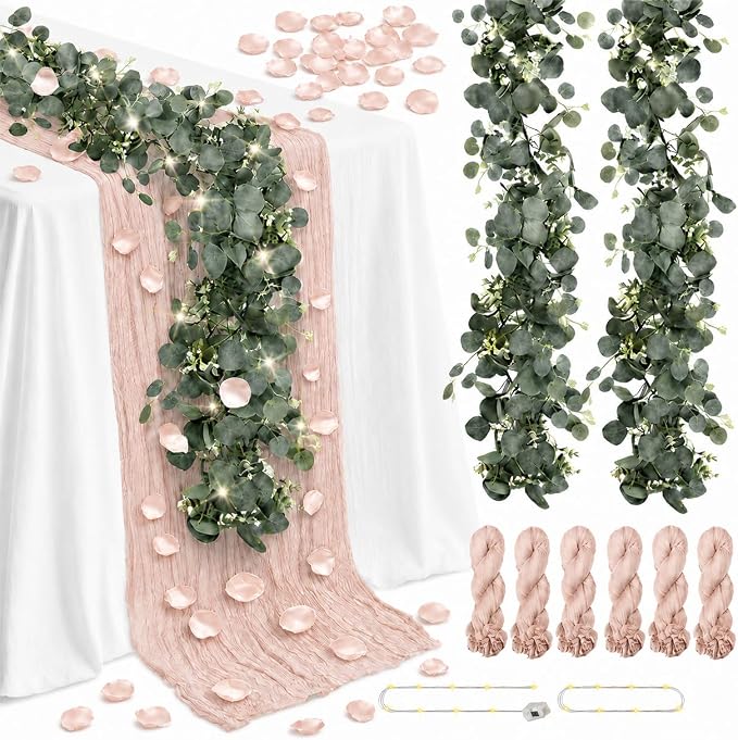 Cinrobiye 11PCS Boho Cheesecloth Table Runner Set 120'' Gauze Table Runner with Wrinkled Napkins Eucalyptus Garland and String Lights for Wedding Baby Shower Tea Party Table Decorations (Blush Pink)