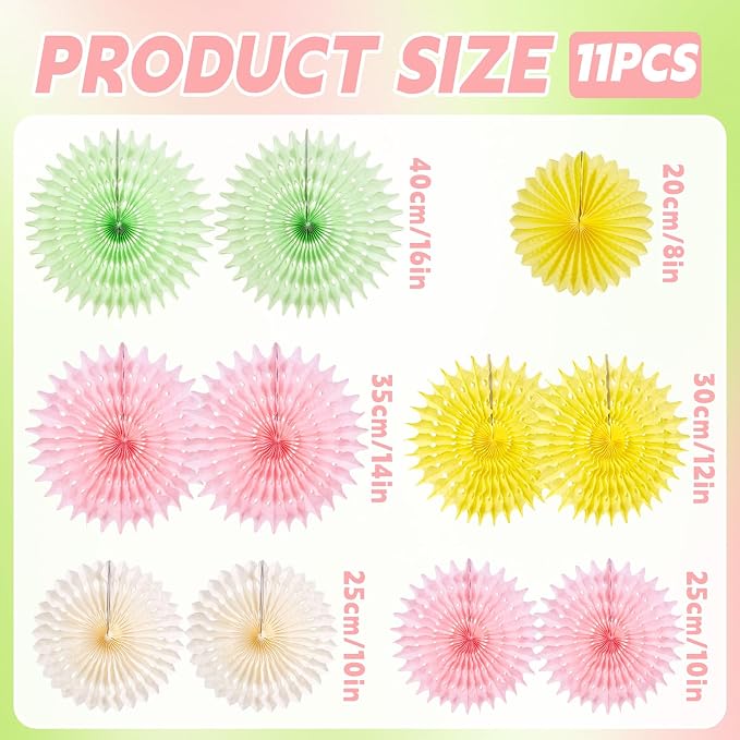 SUNBEAUTY 11Pcs Pastel Paper Fans Party Decorations for Wall, Yellow Pink Green Colorful Hanging Large Wall Fan Spring Summer for Birthday Party Bachelorette Anniversary Wedding Photo Booth Backdrop