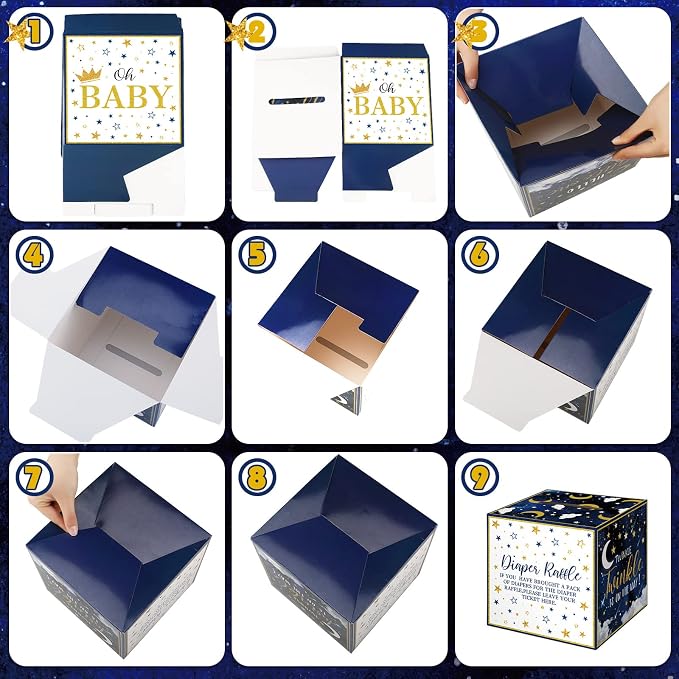 Teling 51 Pieces Diaper Raffle Tickets with Card Box Baby Shower Decorations Baby Shower Holder Box for Girl Boy Diaper Raffle Party(Twinkle Twinkle Little Star)