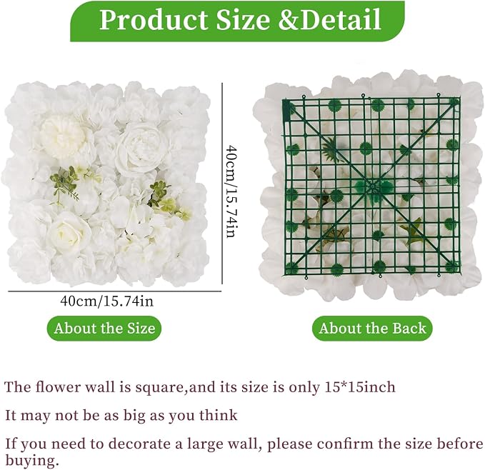 3D Flower Wall Backdrop - 12Pcs 15×15 Inch Artificial Rose Panels White Silk Floral Decor for Home Party Wedding Anniversary Birthday Photographic Studio Background & Decorative Fences