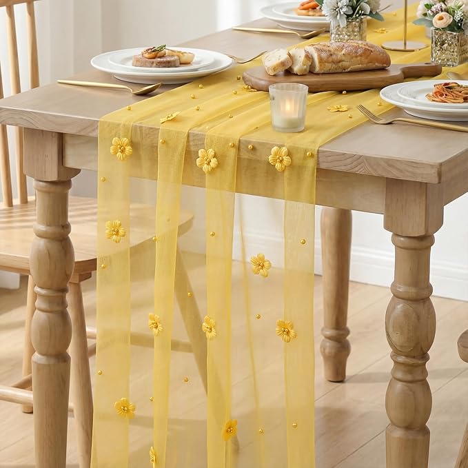 Artoid Mode Yellow Flower Pearl Yellow Gauze Table Runner 10FT 3PC, Seasonal Sheer Dining Holiday Wedding Birthday Baby Shower Table Decor for Home Party