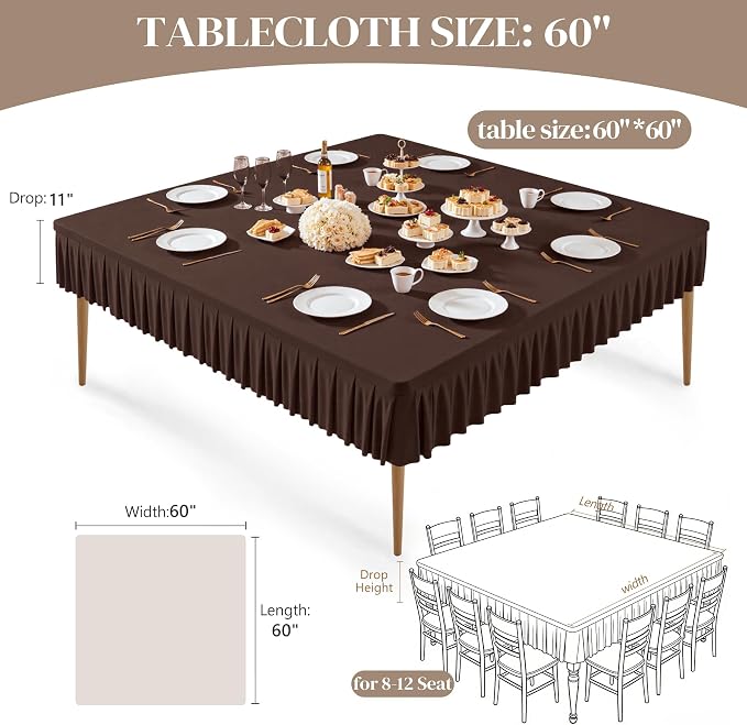 Wish Care Chocolate Spandex Tablecloths for 60x60 Inch Square Tables, Stretch Fitted Table Clothes with Pleated Ruffle Skirt for 60” Table, Wrinkle Free and Elastic, for Party Kitchen Home Dining