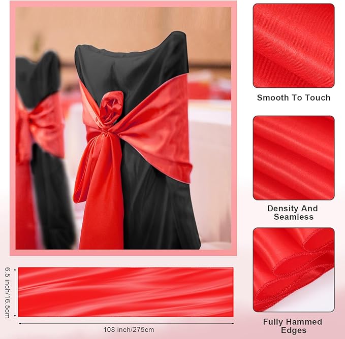 Lounsweer 50 Pcs Folding Chair Cover Set with 25 Stretch Spandex Slipcovers 25 Satin Chair Sashes Bows Ribbon Washable Banquet Protector for Wedding Event Party(Black, Red)