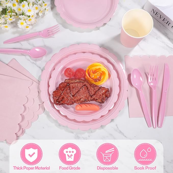 175 Pcs Pink Plates and Napkins, 25 Set Scalloped Pink Dinnerware | Light Pink Party Decor Include 9" Paper Plates, 7" Dessert Plates, 6.5 Inch Napkins for Girls Birthday, Bridal Baby Shower