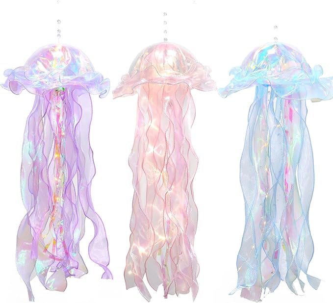 Glitter Iridescent Jellyfish Hanging Decor Blue Purple Jellyfish Kit for Under The Sea Little Mermaid Party Decoration Centerpiece Hanging Jelly Fish Decor Ocean Birthday Baby Shower Party Supplies