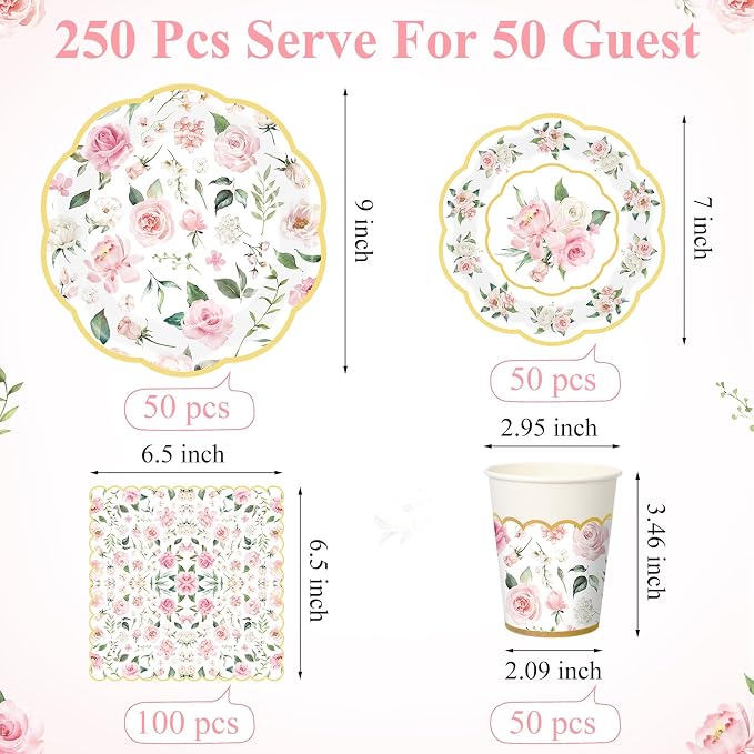 Funnymoom 250 Pcs Floral Party Decorations Flower Paper Plates Napkins and Cups Pink and Gold Floral Disposable Tableware Set for Bridal Shower Baby Shower Wedding Spring Tea Party Supplies, Serves 50