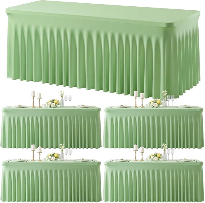gogoparti 4 Pack Spandex Sage Green Fitted Table Cloth for 6ft Rectangle Tables Sage Green Stretch Tablecloth Table Covers Skirt Banquet Wrinkle Free Tablecloths for Parties Wedding