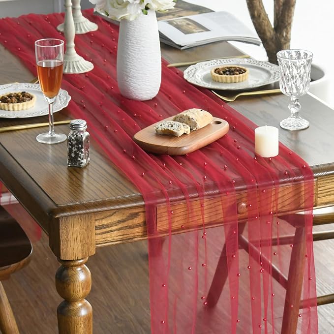 Artoid Mode 6PCS Pearl Red Gauze Table Runner 120 Inch 10FT, Seasonal Sheer Dining Holiday Wedding Birthday Baby Shower Table Decor for Home Party