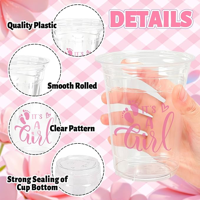 Whaline 50 Pcs Gender Reveal Girl Plastic Cups 16oz Baby Shower Clear Drinking Cups Pink It's A Girl Disposable Cup for Birthday Party Table Decoration Supplies