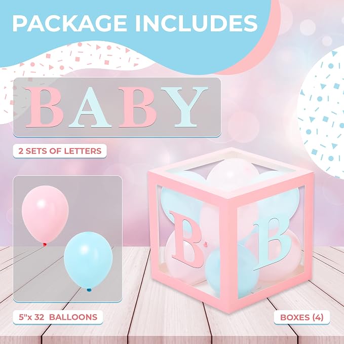 44-Piece Baby Shower Decorations for Boy or Girl - 4 Boxes with Letters and 32 Balloons - Macaron Blue and Pink - Gender Reveal Party Supplies - Complete Decoration Kit