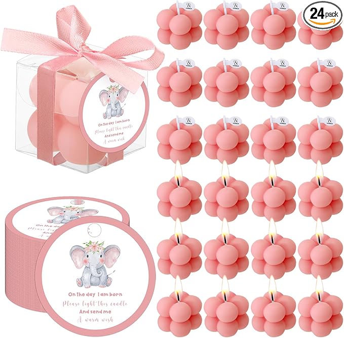 MTLEE 24 Sets Elephant Baby Shower Candle Favors Small Bubble Candle Baby Shower Favors for Guests Tea Candles Bulk with Stylish Ribbons Cards Gifts Party Decoration(Pink,Elephant)