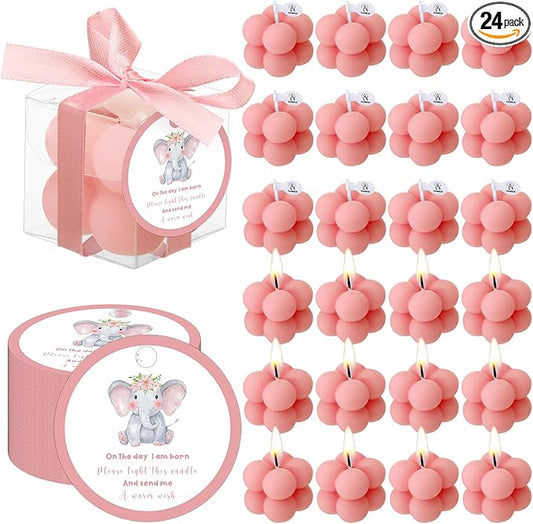 MTLEE 24 Sets Elephant Baby Shower Candle Favors Small Bubble Candle Baby Shower Favors for Guests Tea Candles Bulk with Stylish Ribbons Cards Gifts Party Decoration(Pink,Elephant)