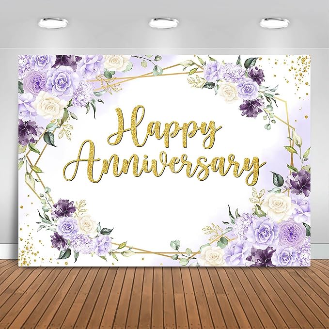 Happy Anniversary Backdrop Purple and White Flowers Anniversary Party Decorations Background Wedding Engagement Bridal Shower Banner Photo Booth Props (10x7ft)